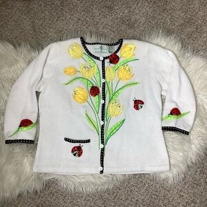 Vtg Design Options Ladybug & Tulips Cardigan Beaded Appliqué Med